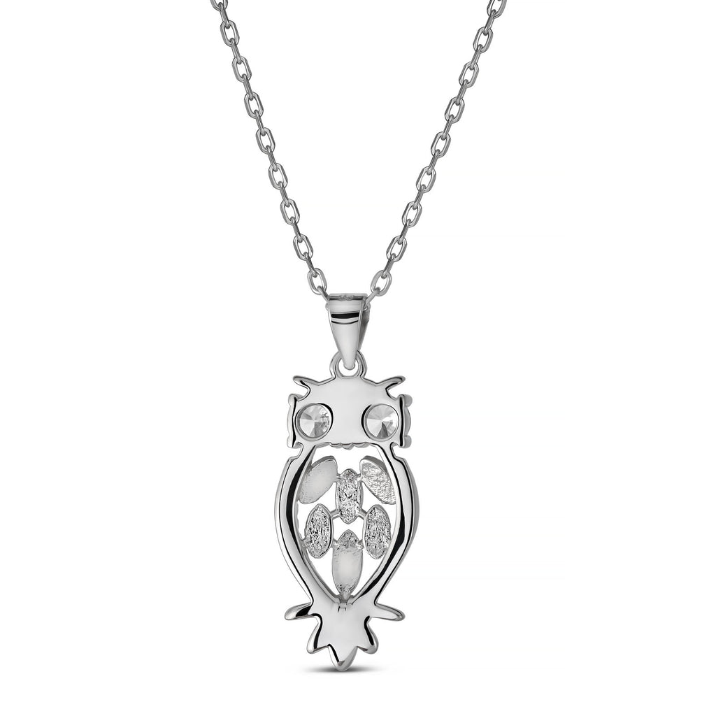 Rhodium Plated 925 Sterling Silver Owl Pendant Necklace