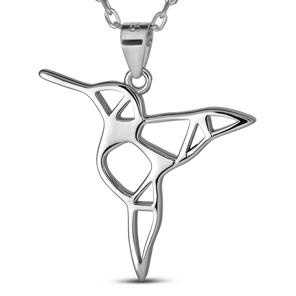 Geometric Hummingbird Necklace | 925 Sterling Silver Rhodium Plated Pendant