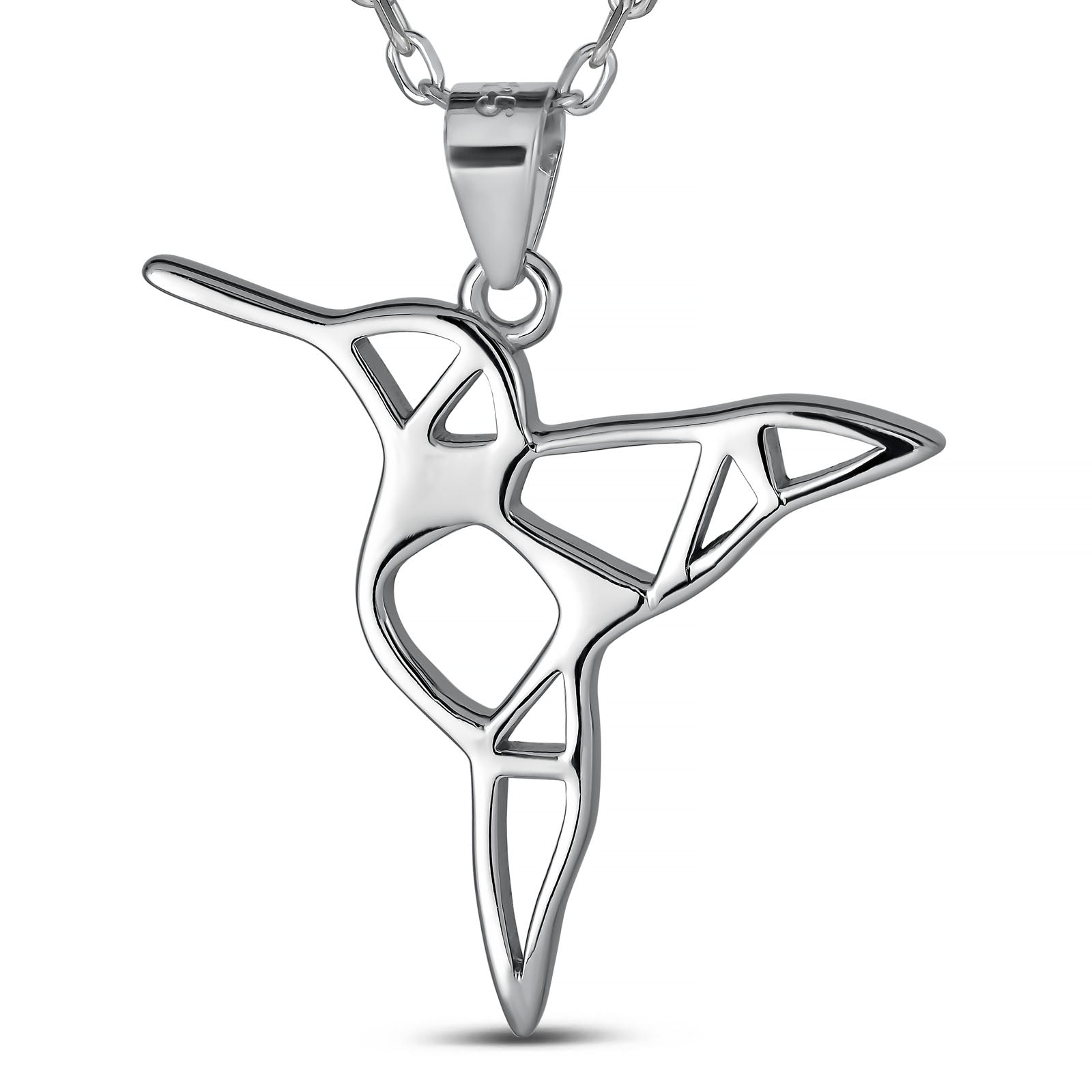 Geometric Hummingbird Necklace | 925 Sterling Silver Rhodium Plated Pendant