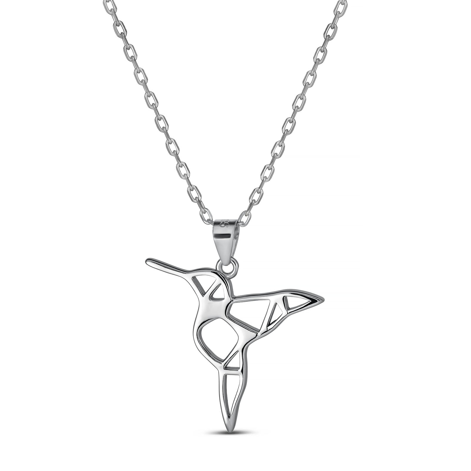 Geometric Hummingbird Necklace | 925 Sterling Silver Rhodium Plated Pendant