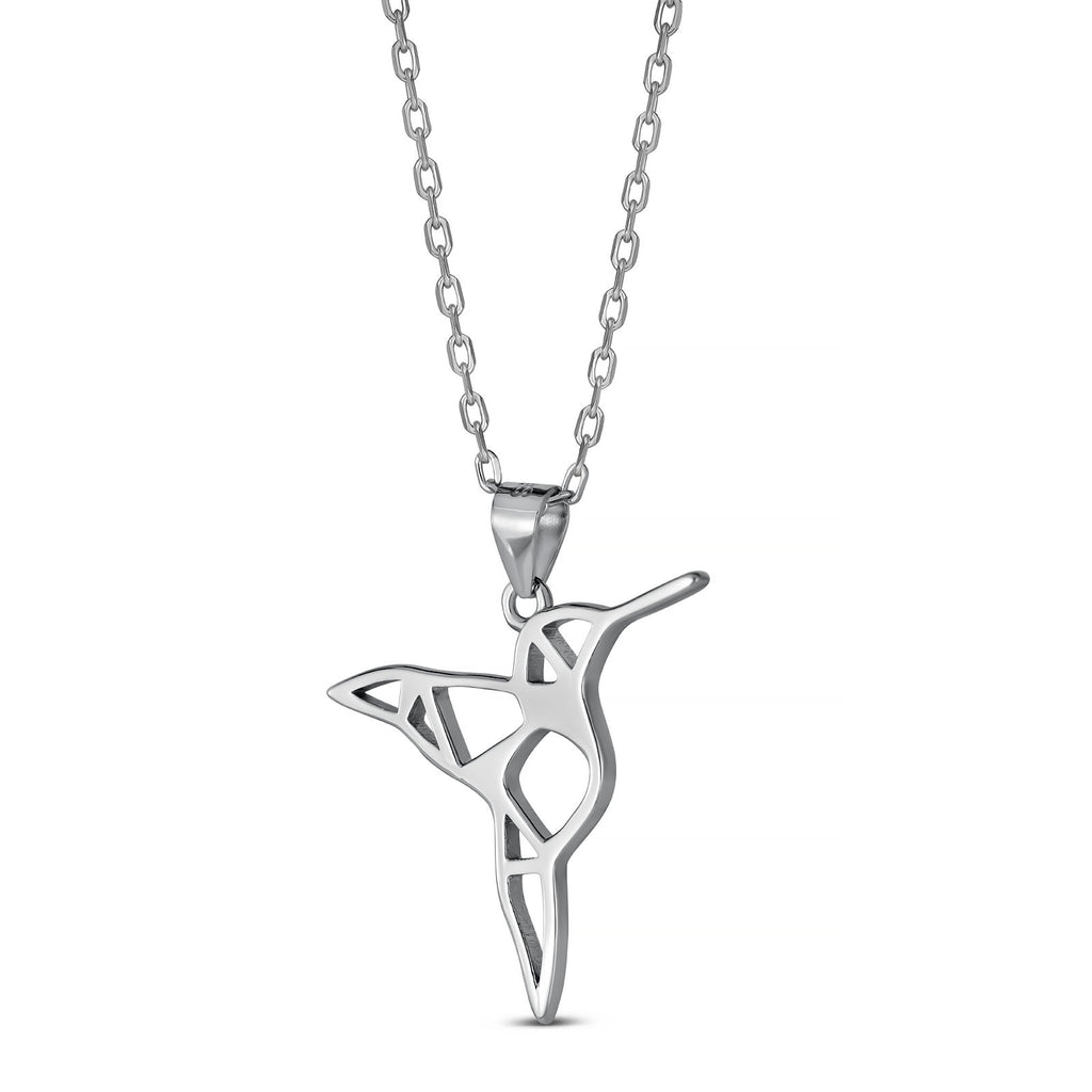 Geometric Hummingbird Necklace | 925 Sterling Silver Rhodium Plated Pendant