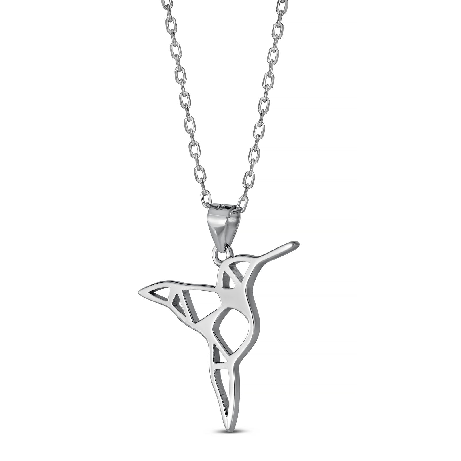 Geometric Hummingbird Necklace | 925 Sterling Silver Rhodium Plated Pendant