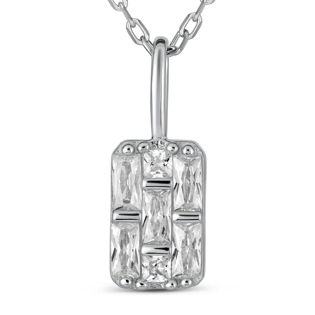 Geometric Rectangular CZ Pendant Necklace | 925 Sterling Silver Rhodium Plated | Art Deco Inspired Design