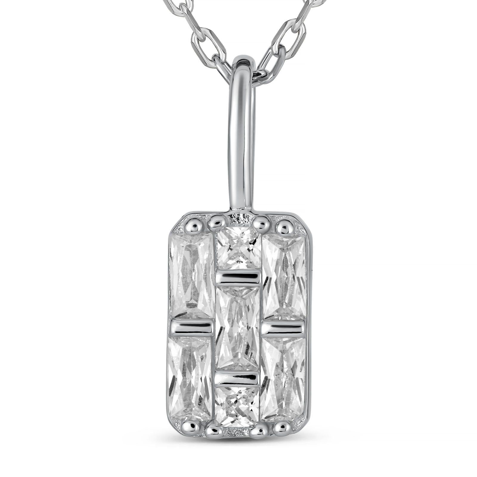 Geometric Rectangular CZ Pendant Necklace | 925 Sterling Silver Rhodium Plated | Art Deco Inspired Design