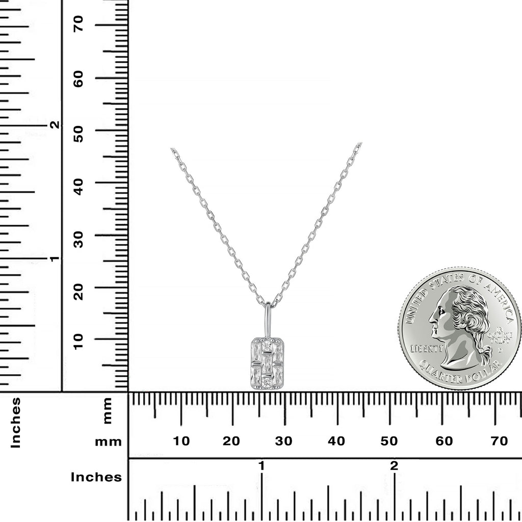 Geometric Rectangular CZ Pendant Necklace | 925 Sterling Silver Rhodium Plated | Art Deco Inspired Design