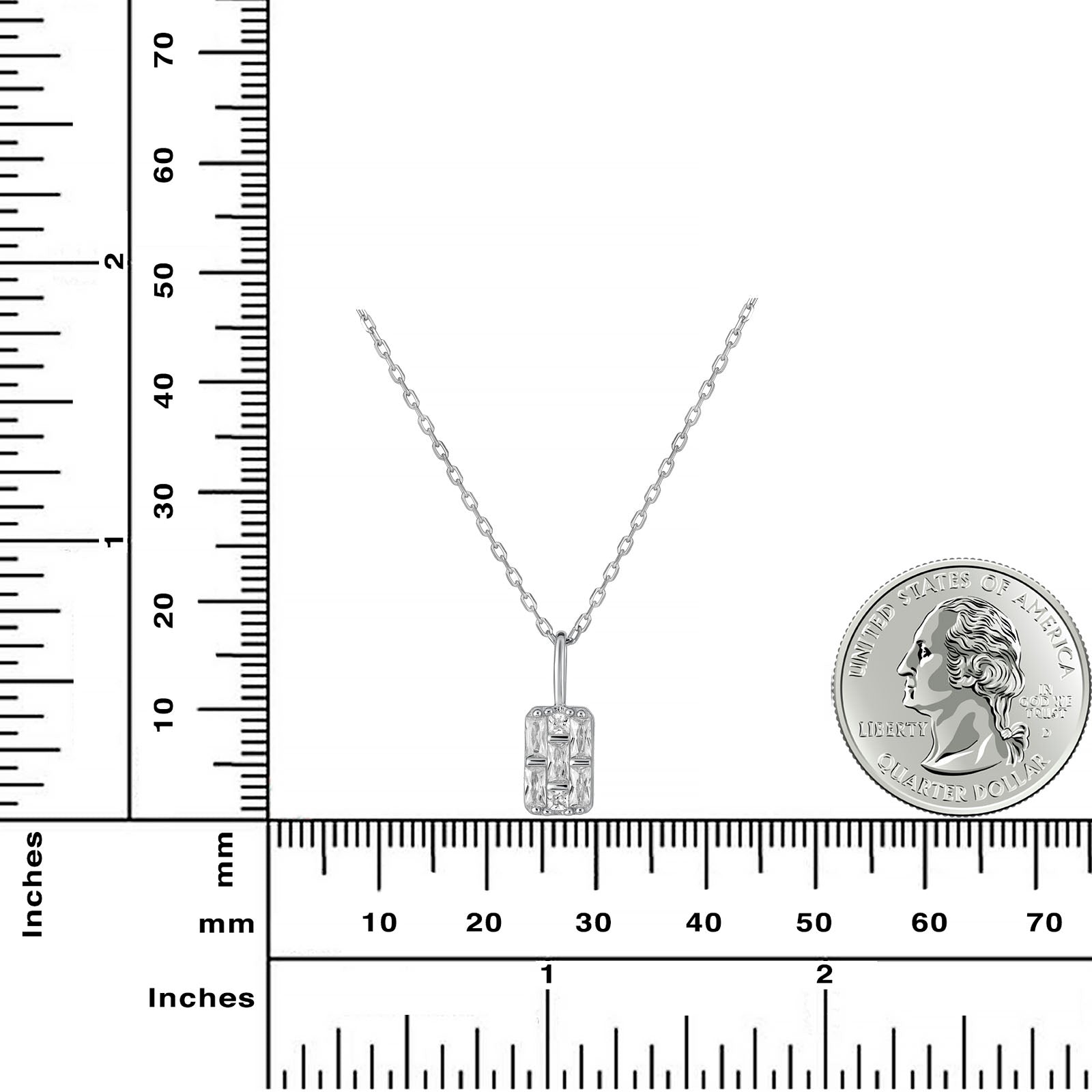 Geometric Rectangular CZ Pendant Necklace | 925 Sterling Silver Rhodium Plated | Art Deco Inspired Design