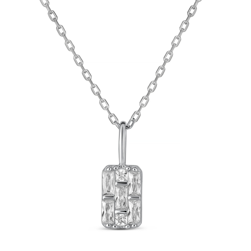 Geometric Rectangular CZ Pendant Necklace | 925 Sterling Silver Rhodium Plated | Art Deco Inspired Design