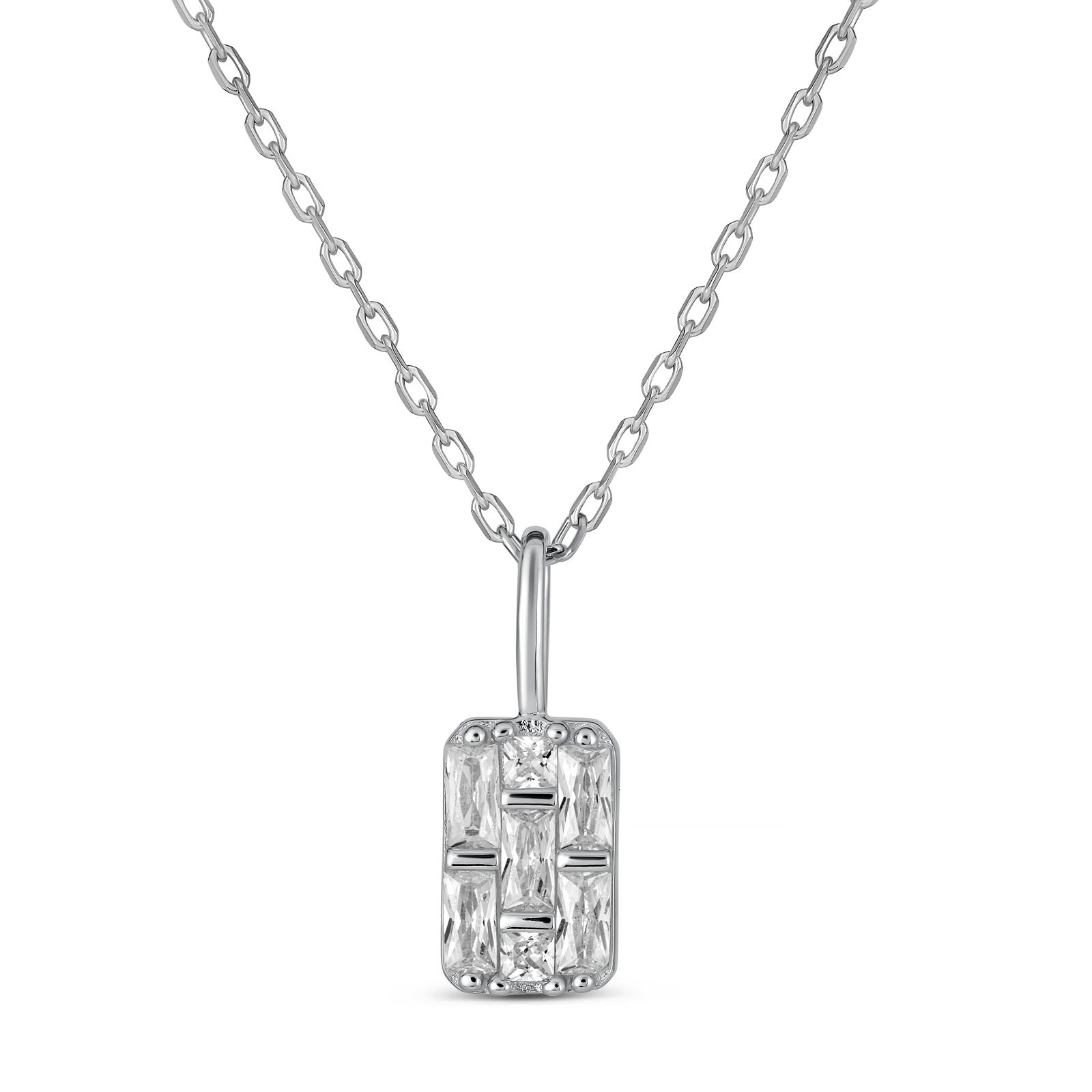 Geometric Rectangular CZ Pendant Necklace | 925 Sterling Silver Rhodium Plated | Art Deco Inspired Design