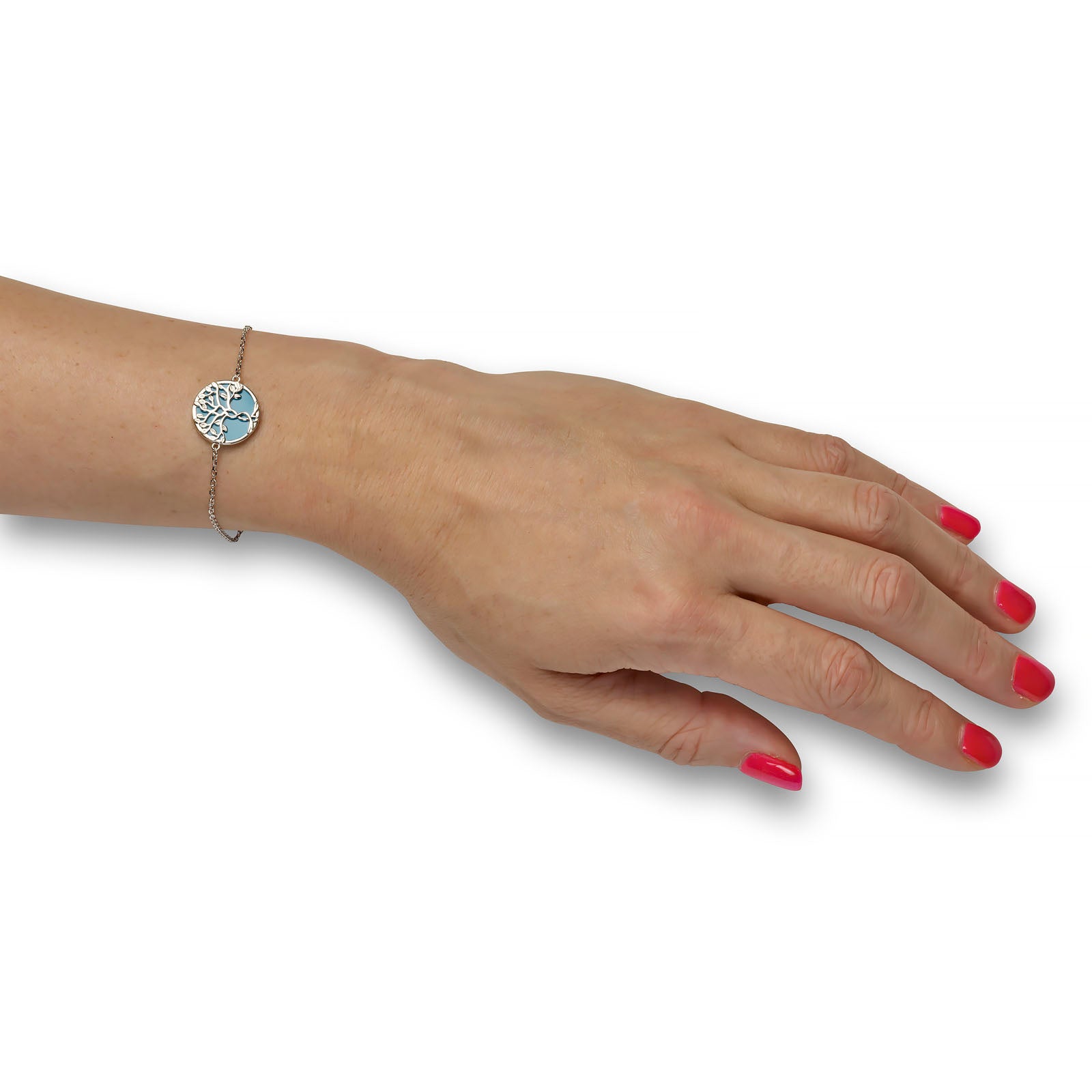 Sterling Silver Rhodium Plated Tree of Life Bracelet with Aquamarine Enamel