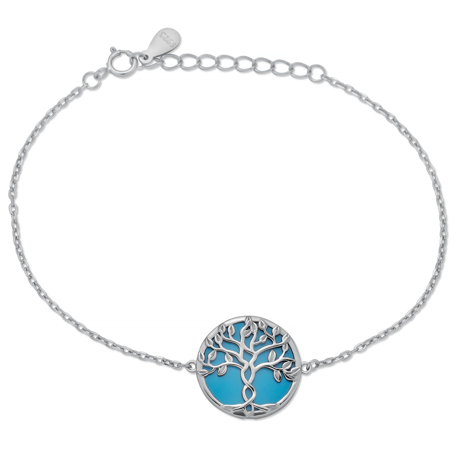 Sterling Silver Rhodium Plated Tree of Life Bracelet with Aquamarine Enamel