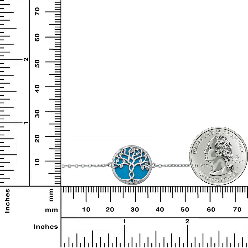 Sterling Silver Rhodium Plated Tree of Life Bracelet with Aquamarine Enamel