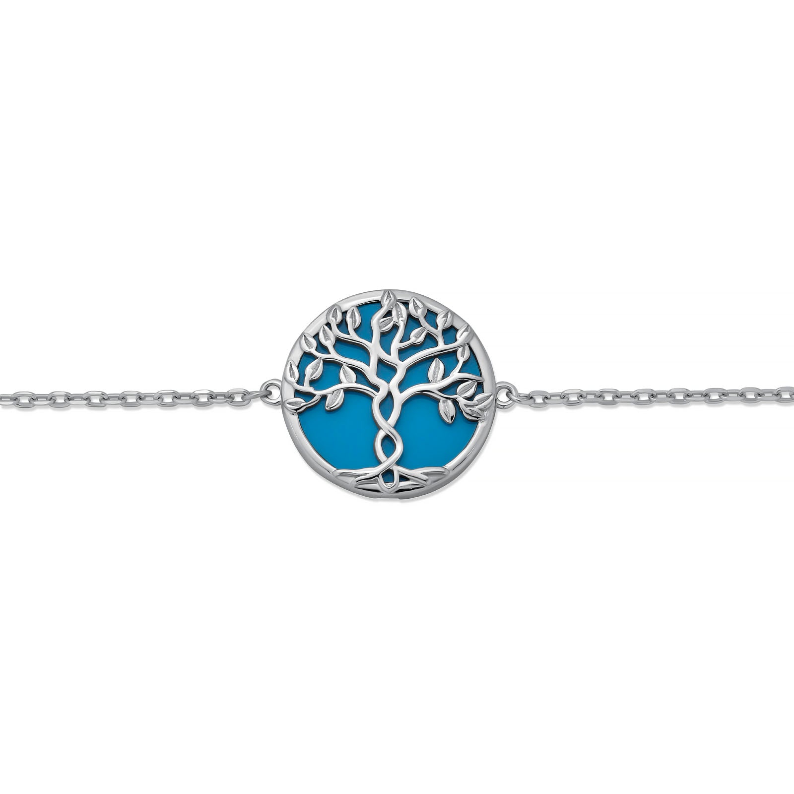 Sterling Silver Rhodium Plated Tree of Life Bracelet with Aquamarine Enamel