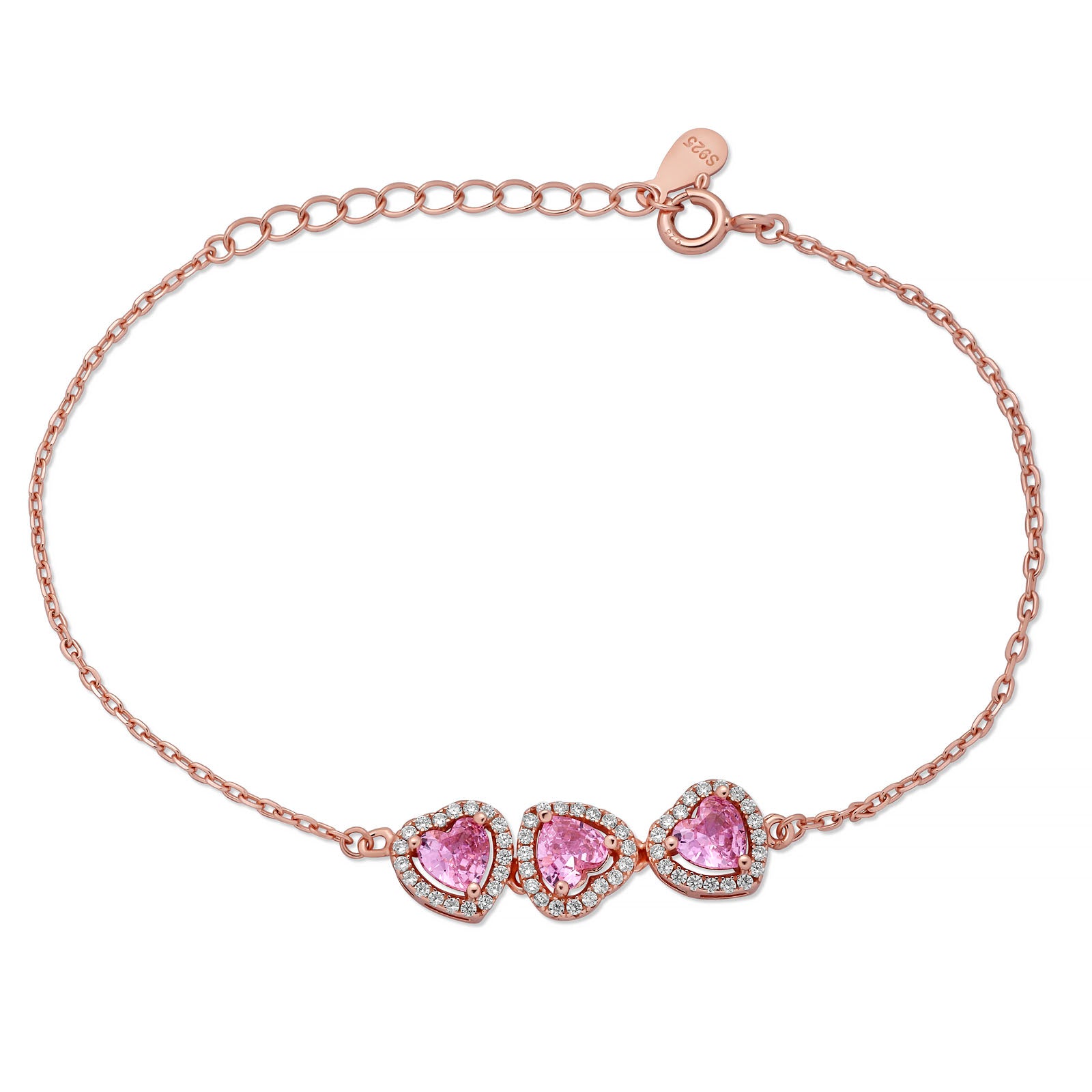 Sterling Silver Gold-Plated Heart Bracelet with Pink Cubic Zirconias