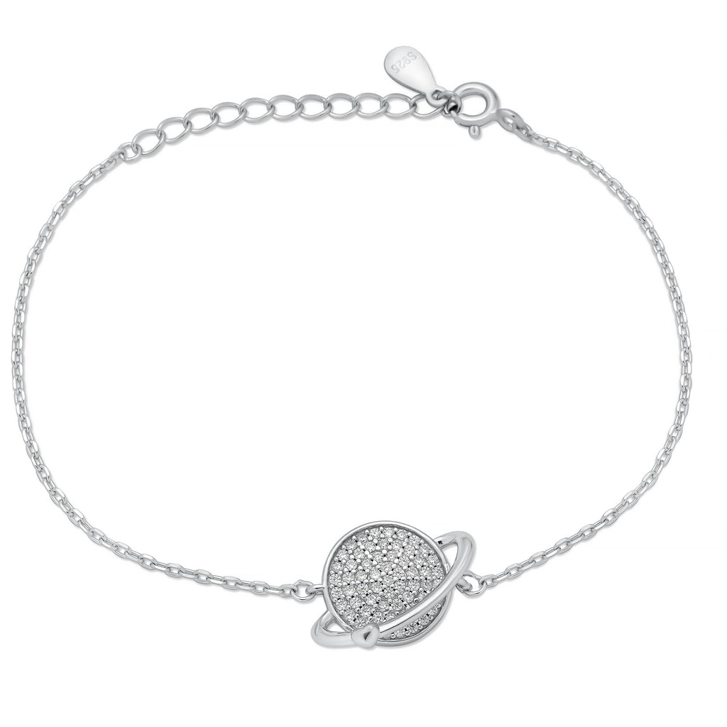925 Sterling Silver Rhodium Plated Saturn Planet Heart Bracelet
