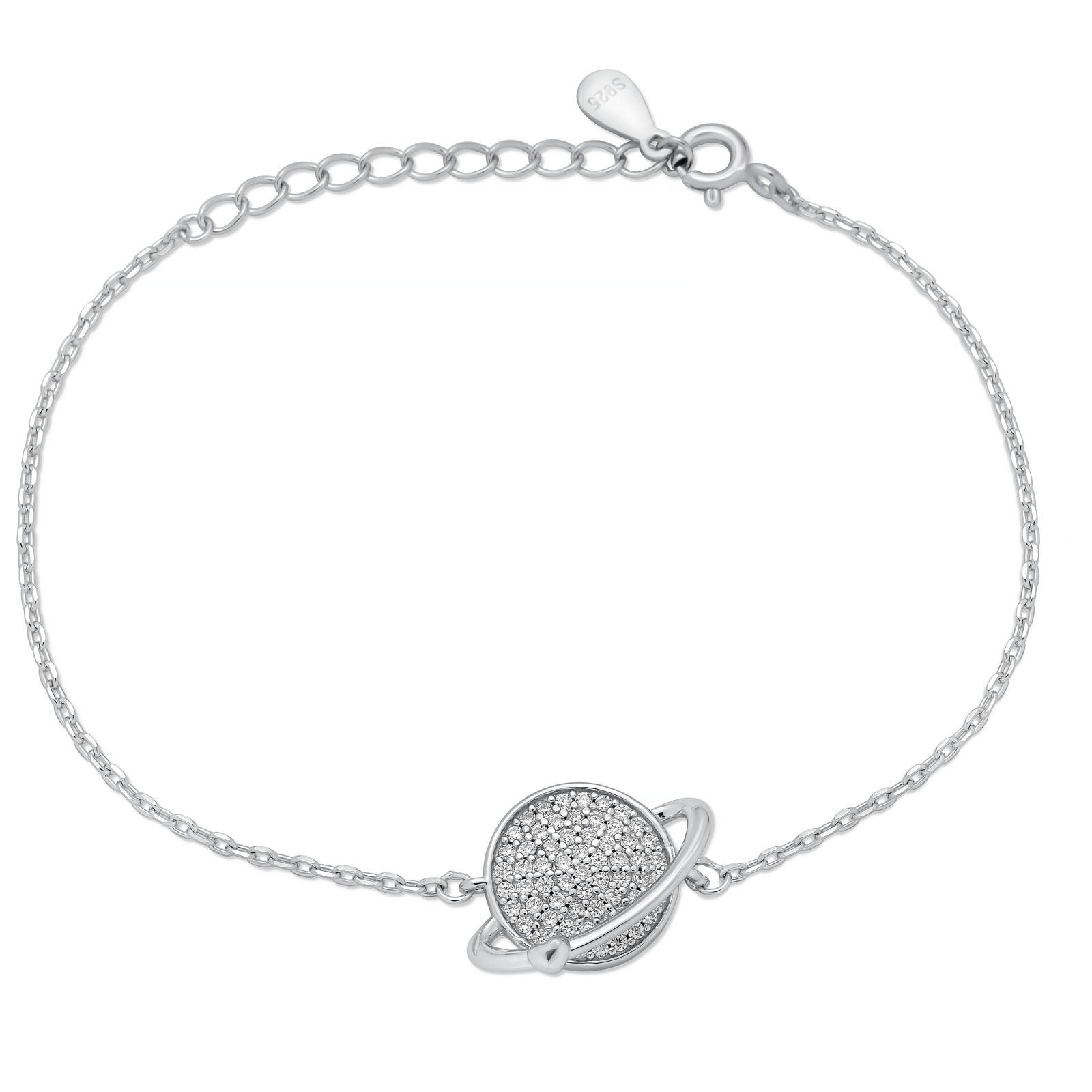 925 Sterling Silver Rhodium Plated Saturn Planet Heart Bracelet