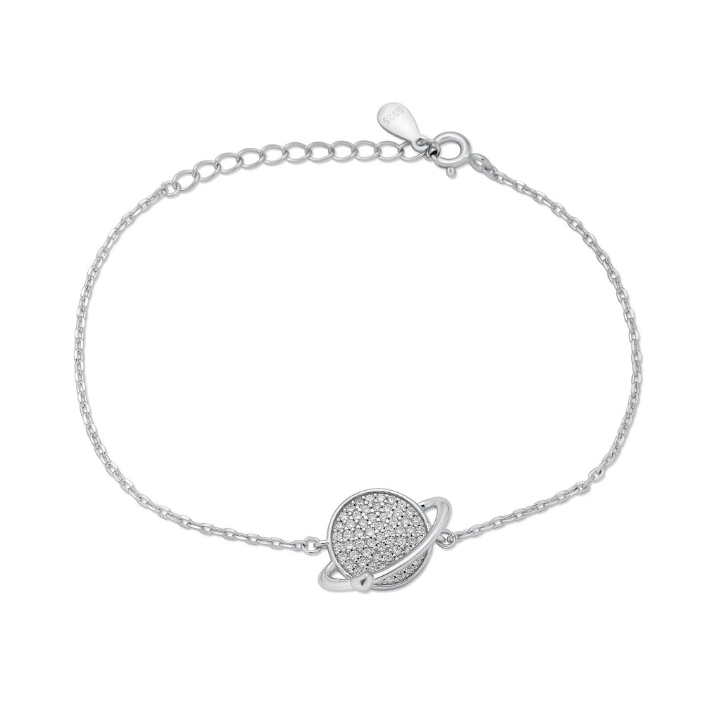 925 Sterling Silver Rhodium Plated Saturn Planet Heart Bracelet