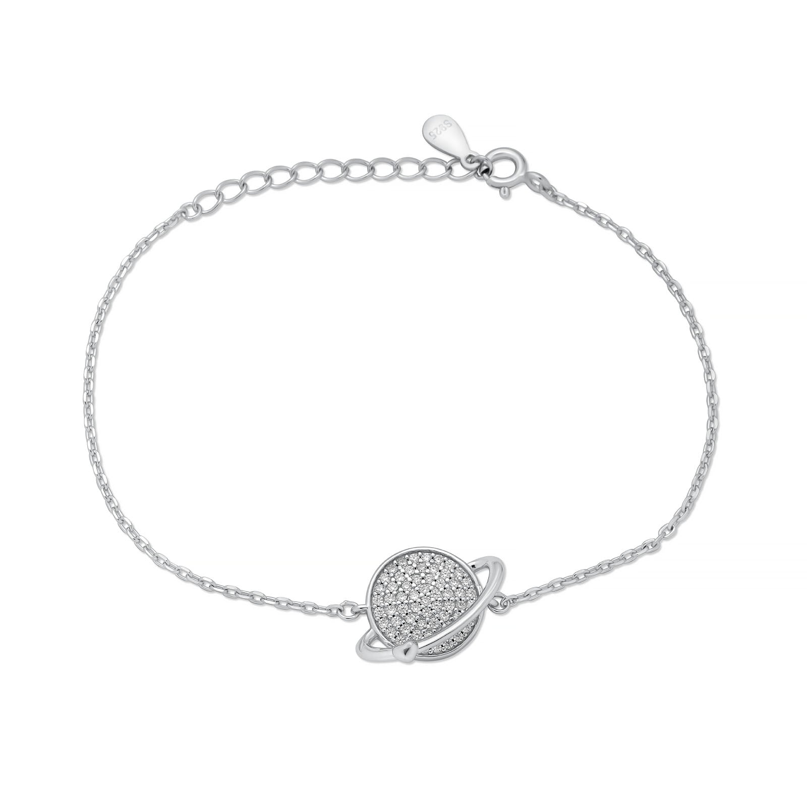 925 Sterling Silver Rhodium Plated Saturn Planet Heart Bracelet