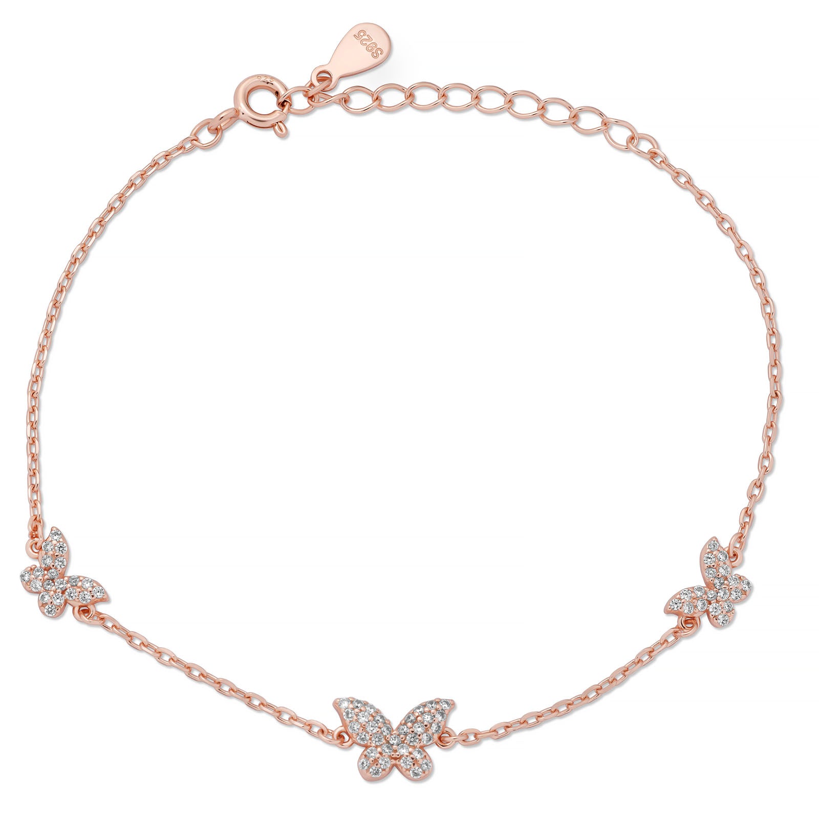 925 Sterling Silver Butterfly Bracelet, Rhodium or 14k rose gold Plated