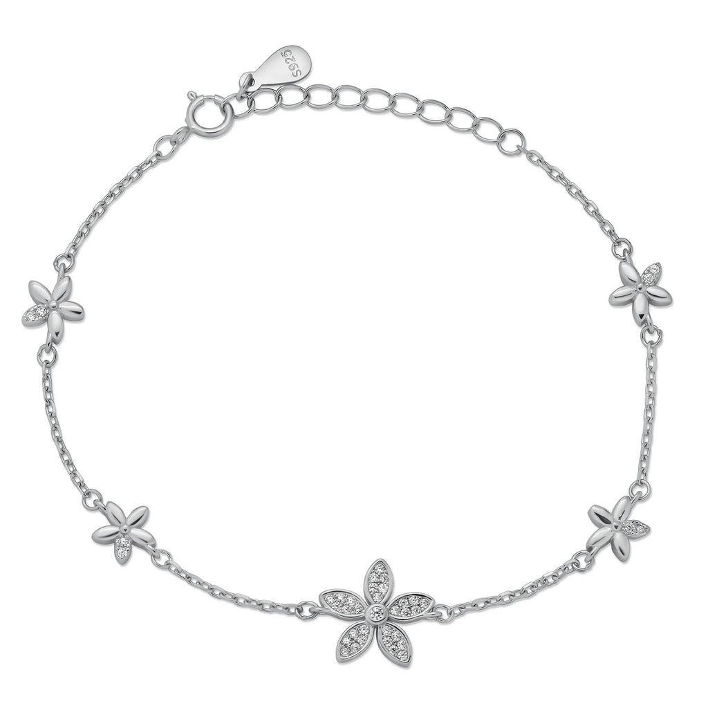 925 Sterling Silver Rhodium Plated Flower Bracelet
