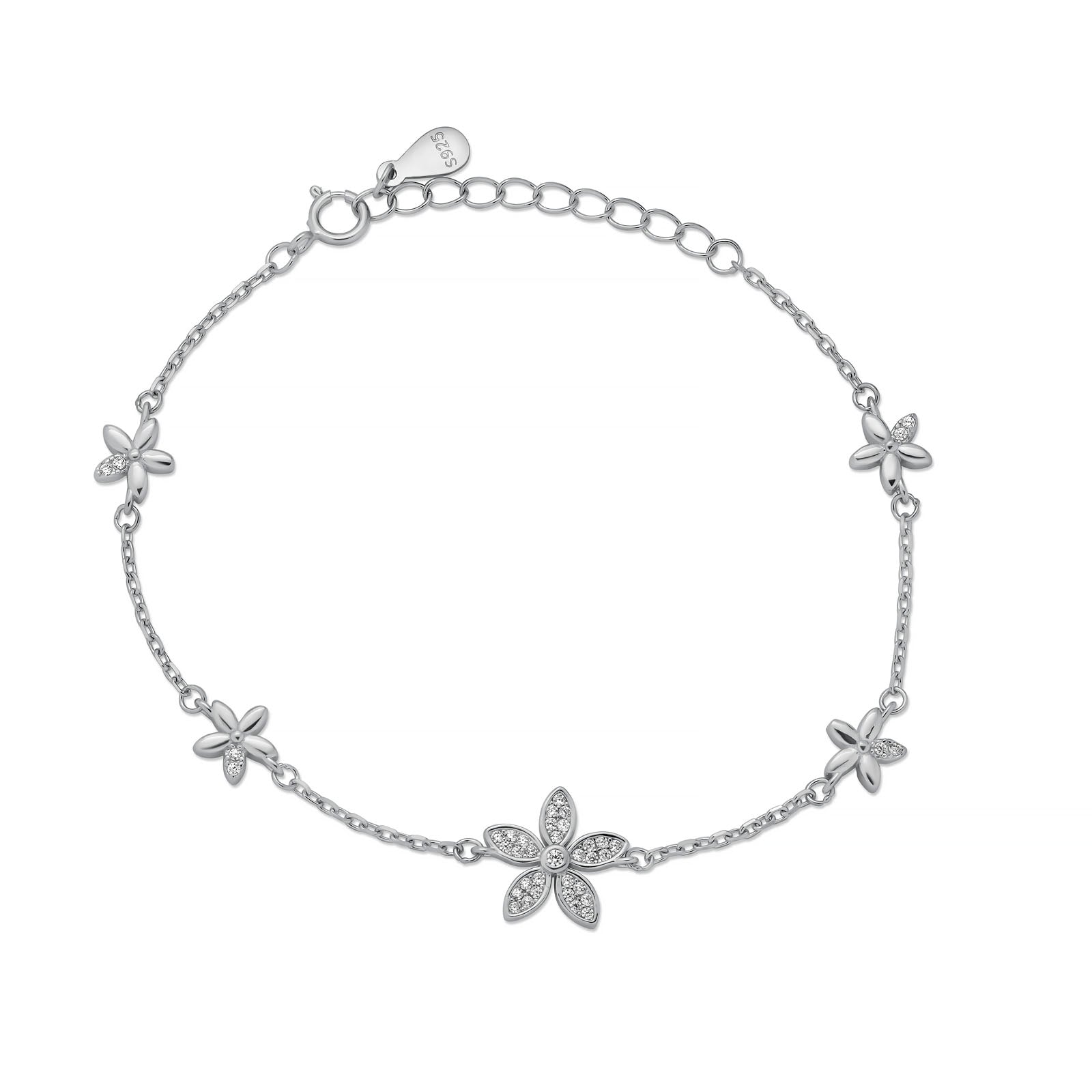 925 Sterling Silver Rhodium Plated Flower Bracelet