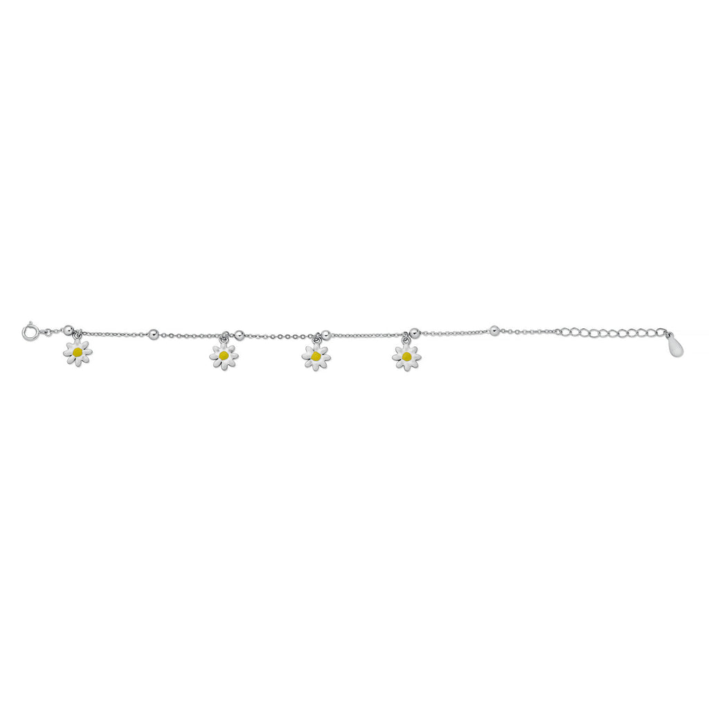 Sterling Silver Rhodium Enamel Daisy Charms Flower Bracelet