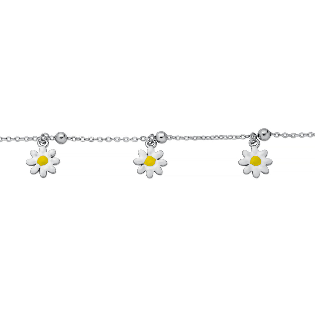 Sterling Silver Rhodium Enamel Daisy Charms Flower Bracelet