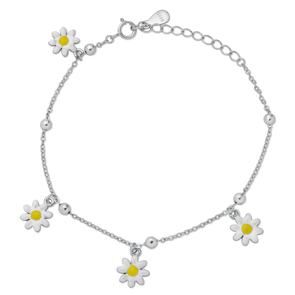 Sterling Silver Rhodium Enamel Daisy Charms Flower Bracelet