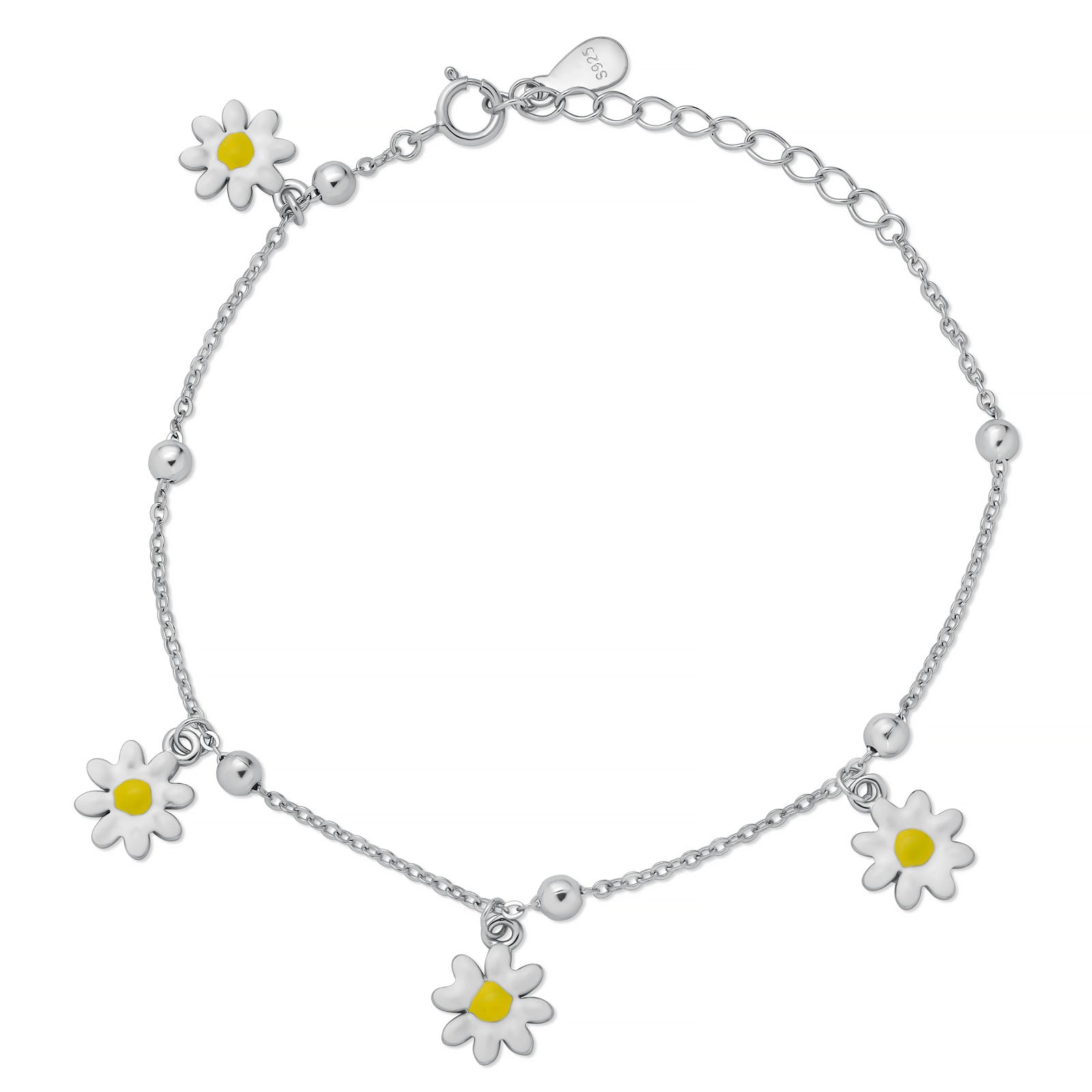 Sterling Silver Rhodium Enamel Daisy Charms Flower Bracelet