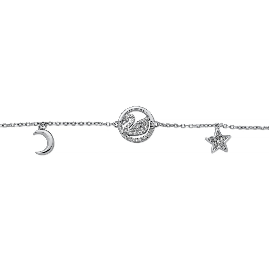 Rhodium Plated 925 Sterling Silver Swan Bracelet with Moon and Stars