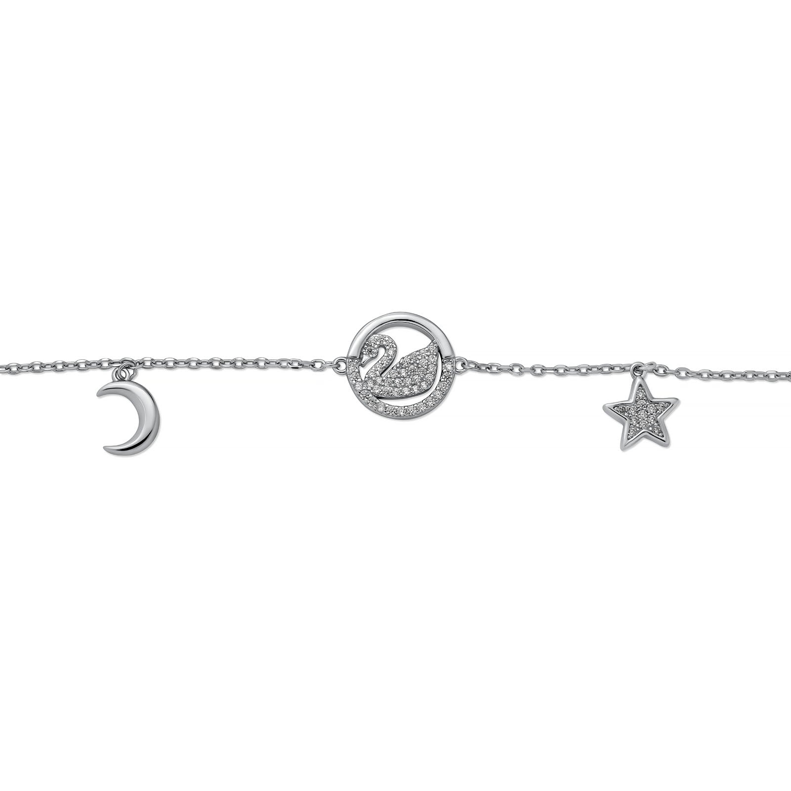 Rhodium Plated 925 Sterling Silver Swan Bracelet with Moon and Stars