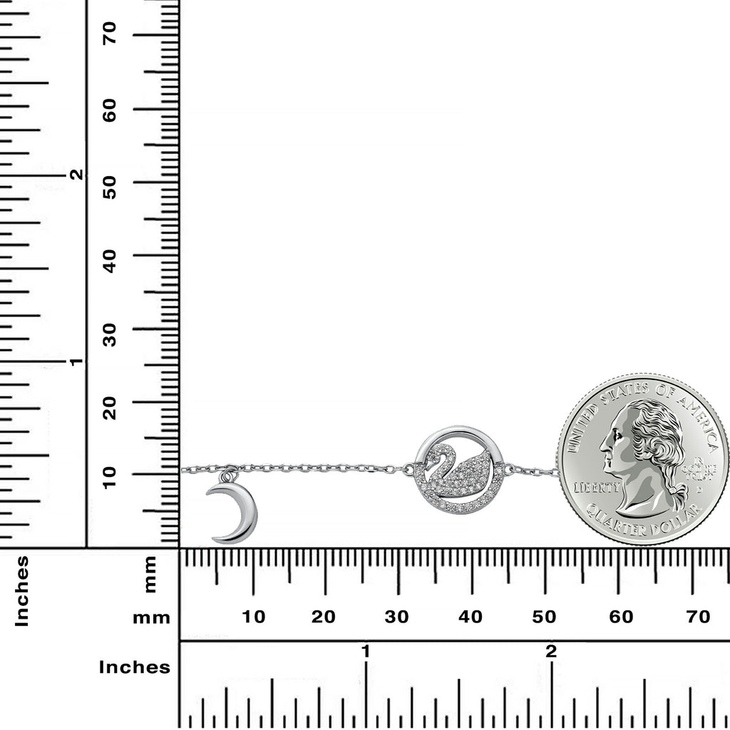 Rhodium Plated 925 Sterling Silver Swan Bracelet with Moon and Stars