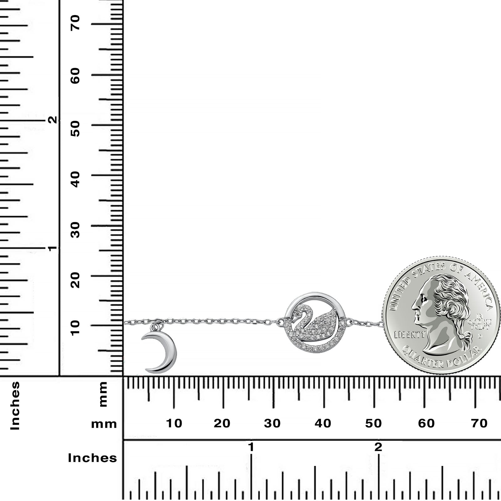 Rhodium Plated 925 Sterling Silver Swan Bracelet with Moon and Stars