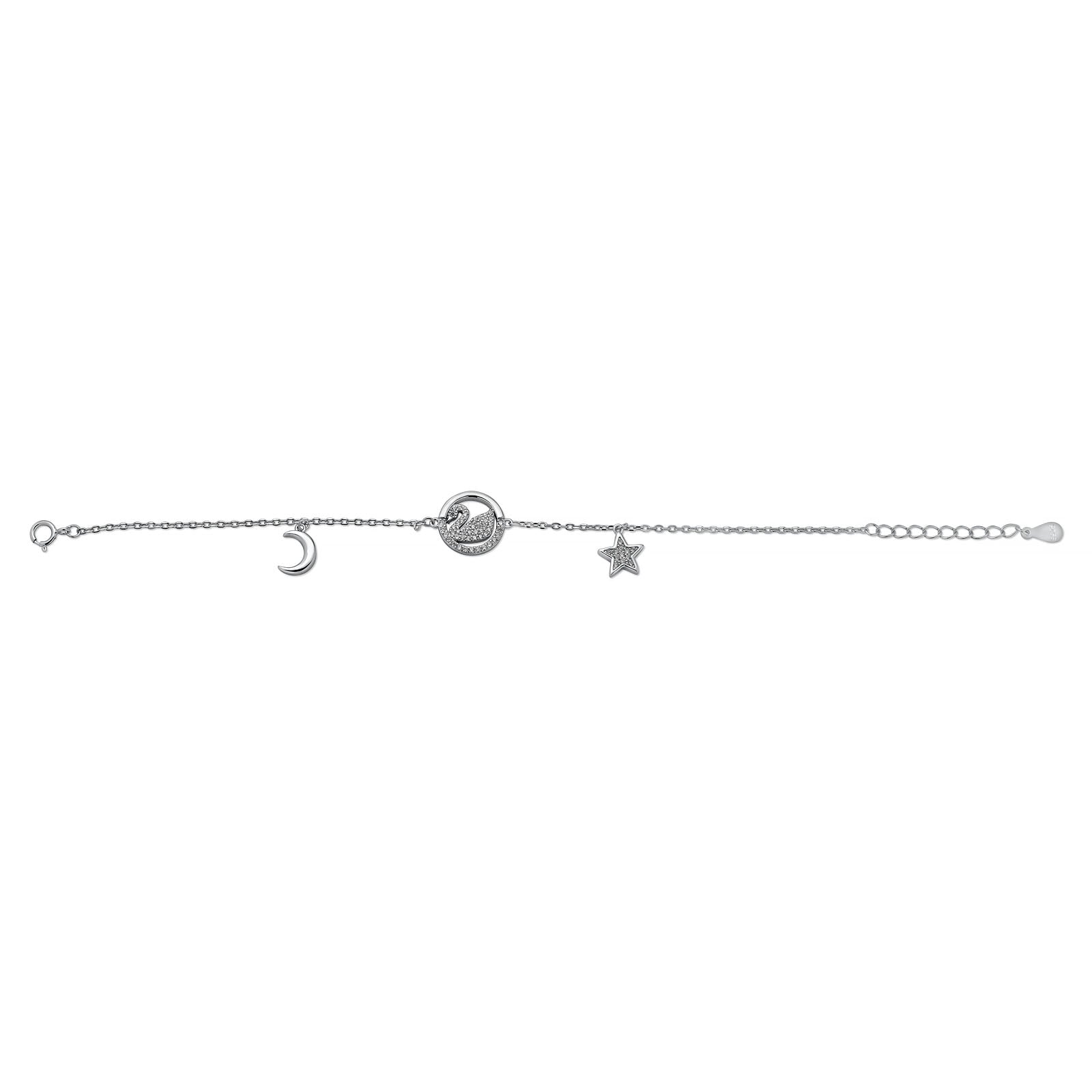 Rhodium Plated 925 Sterling Silver Swan Bracelet with Moon and Stars