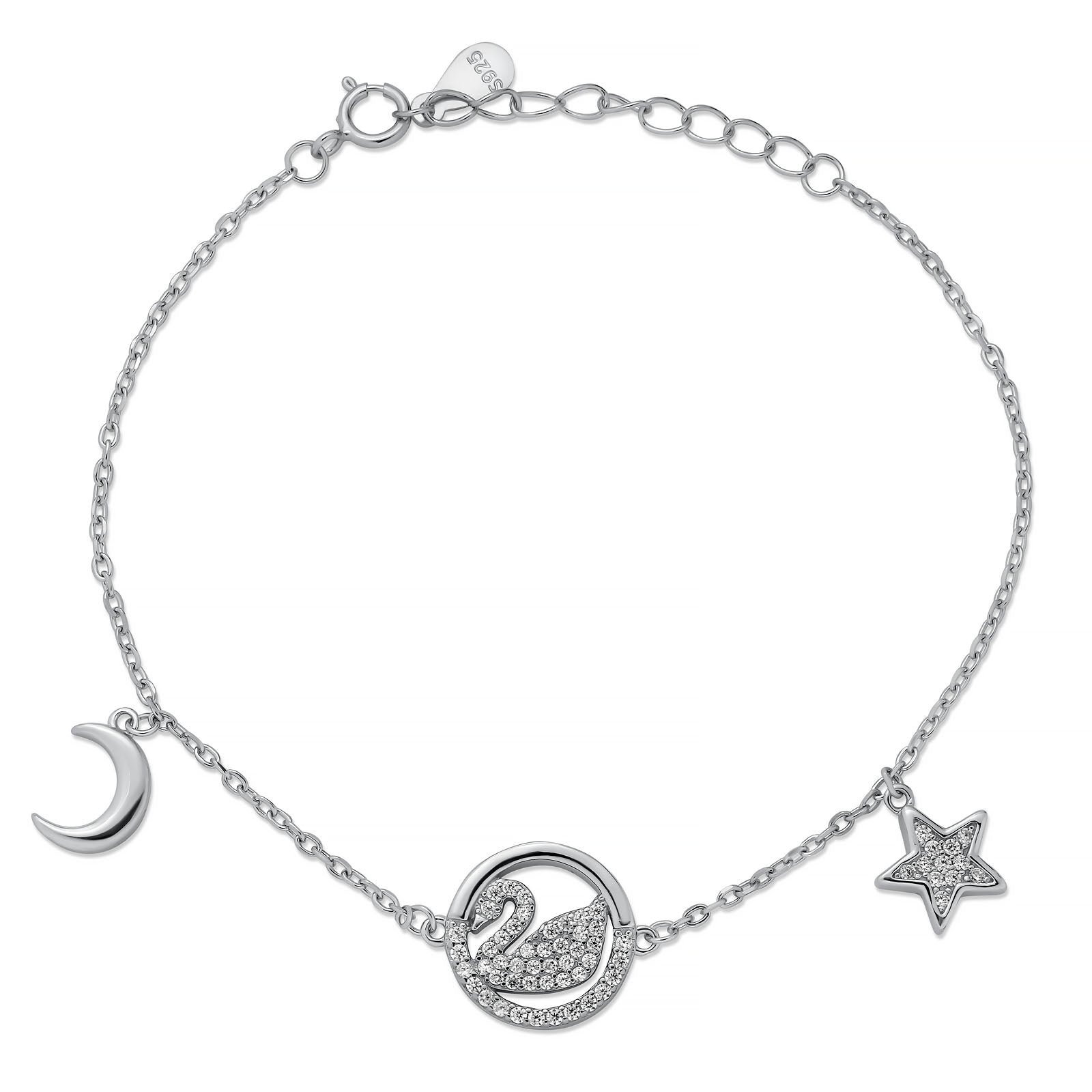 Rhodium Plated 925 Sterling Silver Swan Bracelet with Moon and Stars