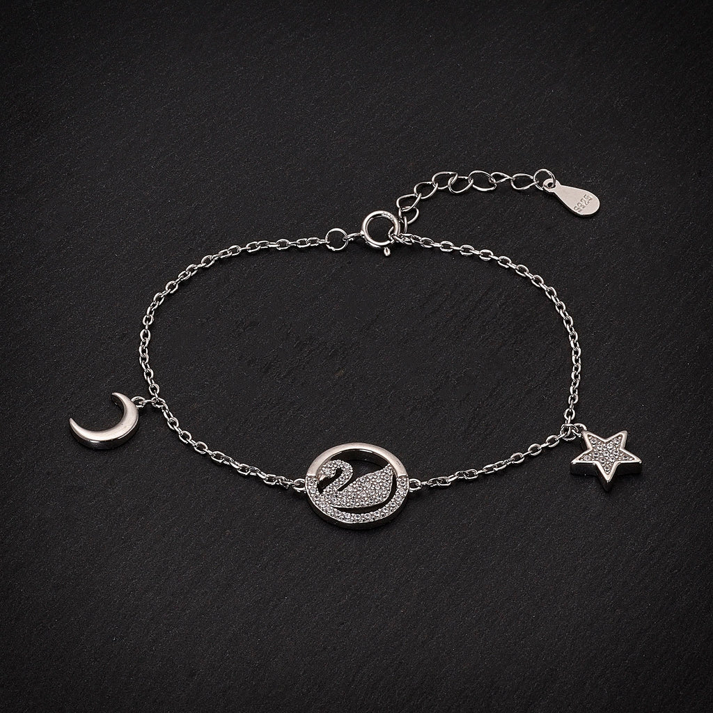 Rhodium Plated 925 Sterling Silver Swan Bracelet with Moon and Stars