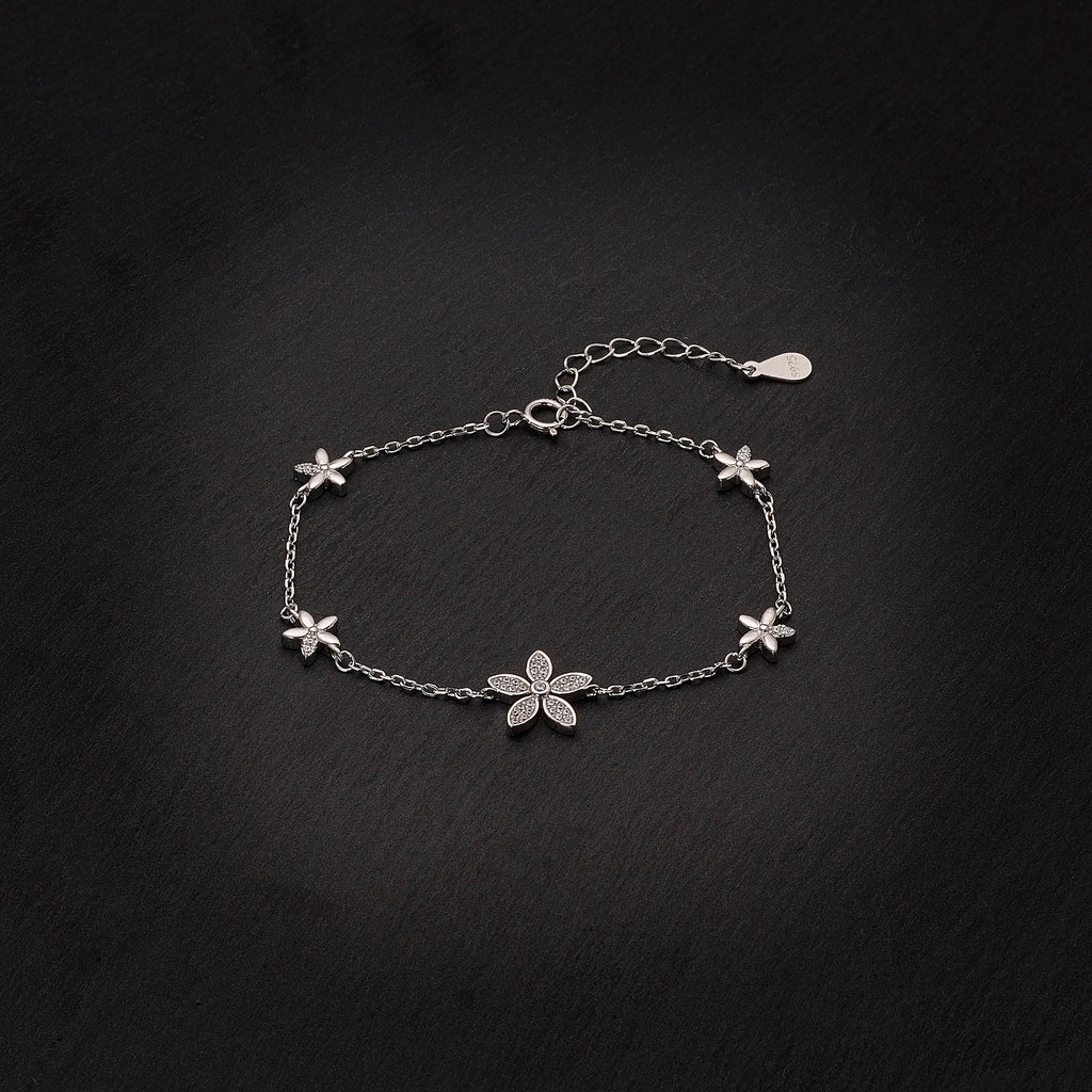 925 Sterling Silver Rhodium Plated Flower Bracelet