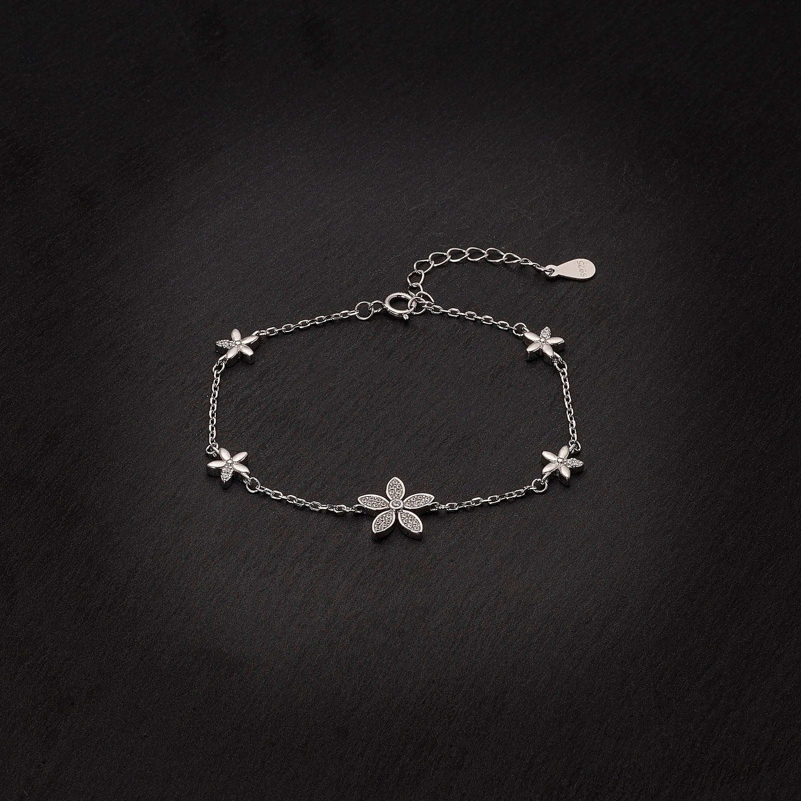 925 Sterling Silver Rhodium Plated Flower Bracelet