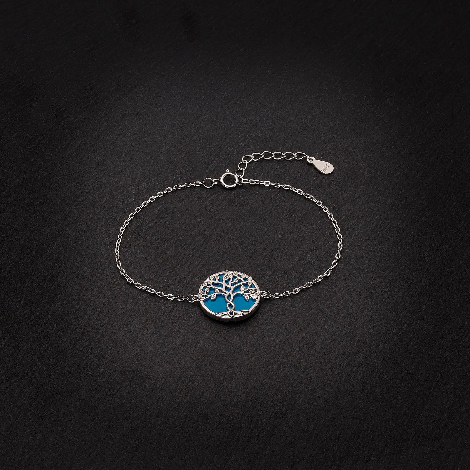 Sterling Silver Rhodium Plated Tree of Life Bracelet with Aquamarine Enamel