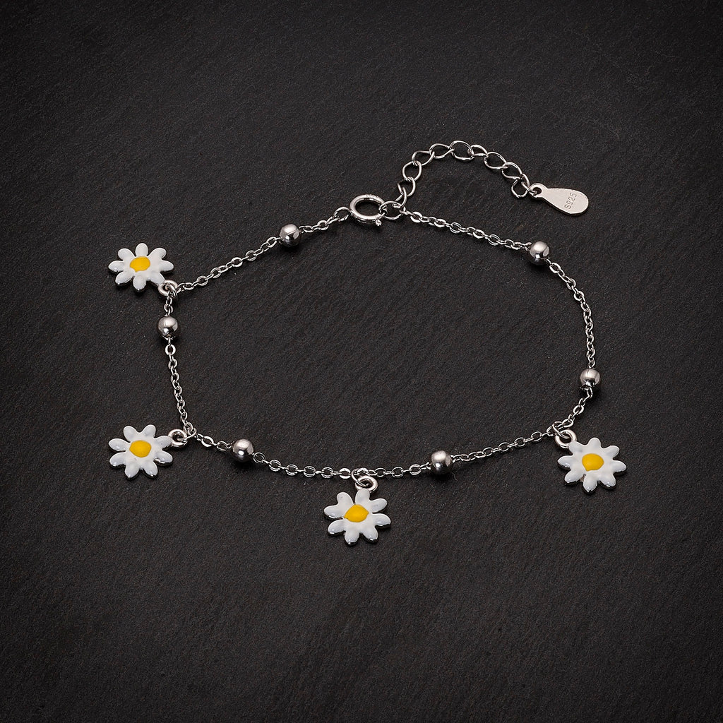 Sterling Silver Rhodium Enamel Daisy Charms Flower Bracelet
