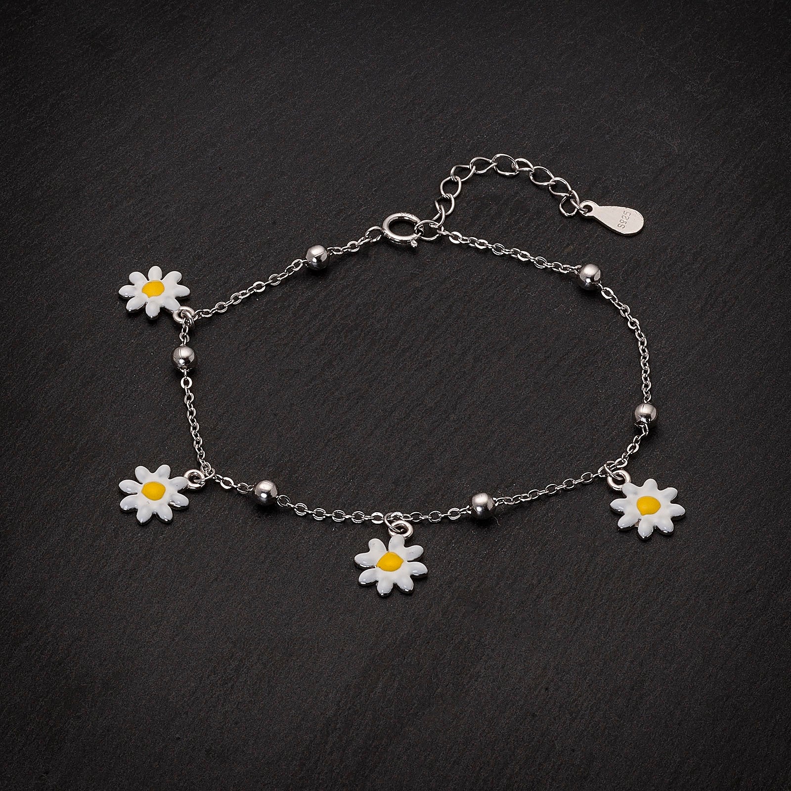 Sterling Silver Rhodium Enamel Daisy Charms Flower Bracelet