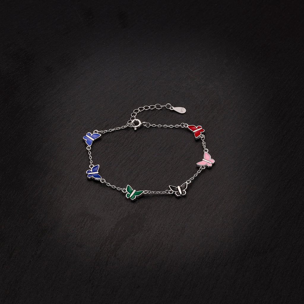 925 Sterling Silver Rhodium Plated Butterfly Bracelet, Multicolor
