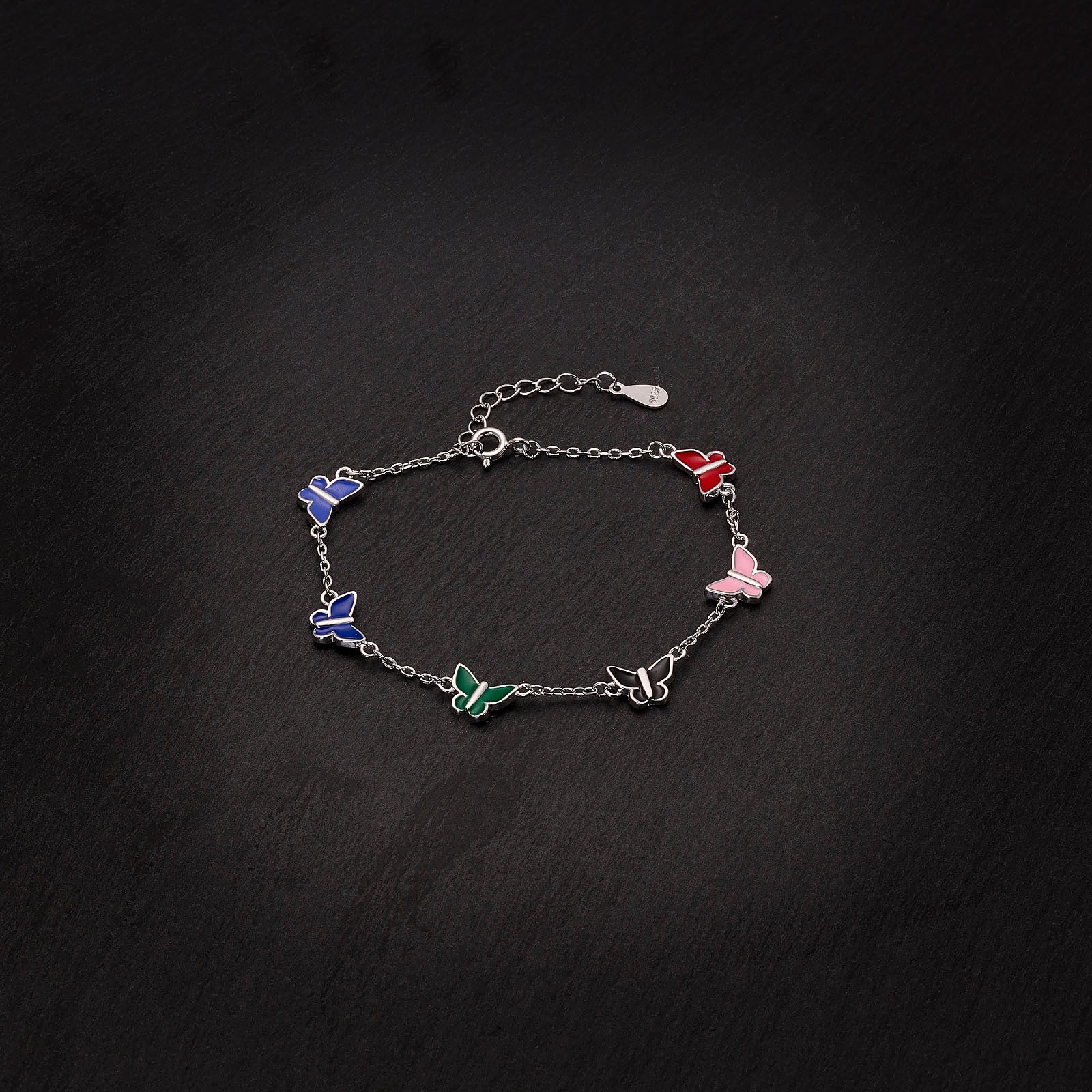 925 Sterling Silver Rhodium Plated Butterfly Bracelet, Multicolor