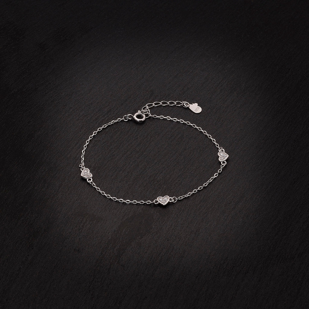 Sterling Silver Rhodium Plated Triple Heart Bracelet