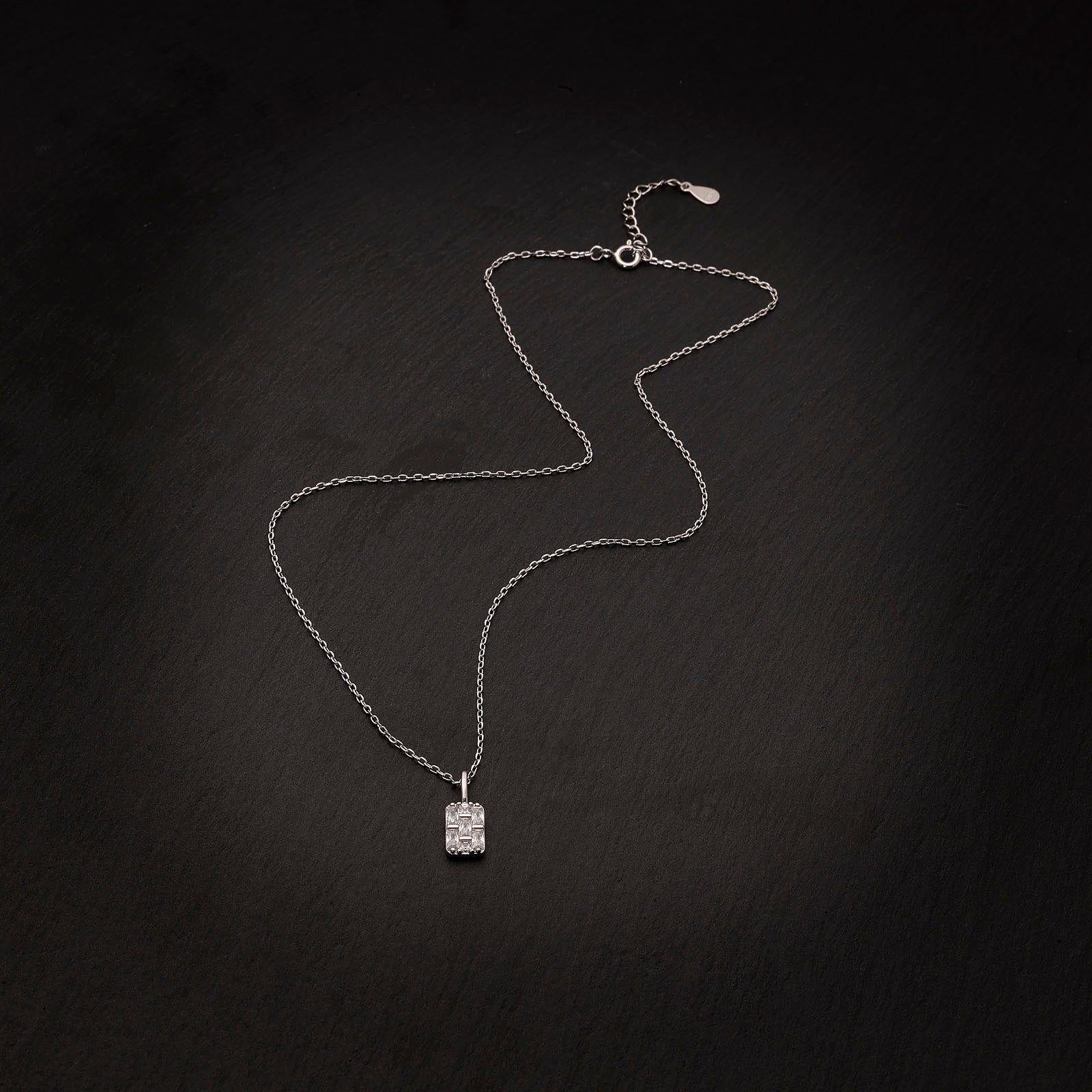 Geometric Rectangular CZ Pendant Necklace | 925 Sterling Silver Rhodium Plated | Art Deco Inspired Design