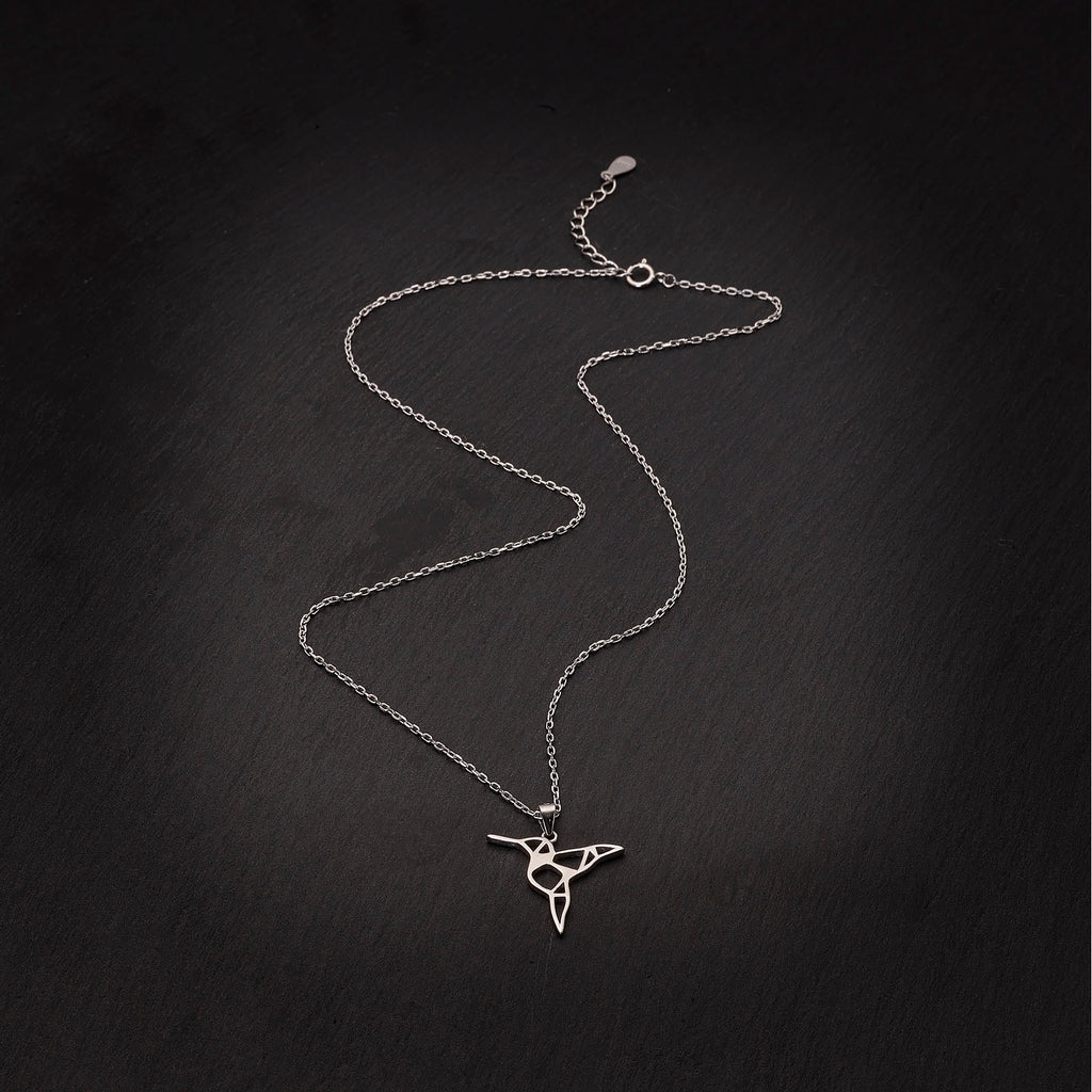 Geometric Hummingbird Necklace | 925 Sterling Silver Rhodium Plated Pendant