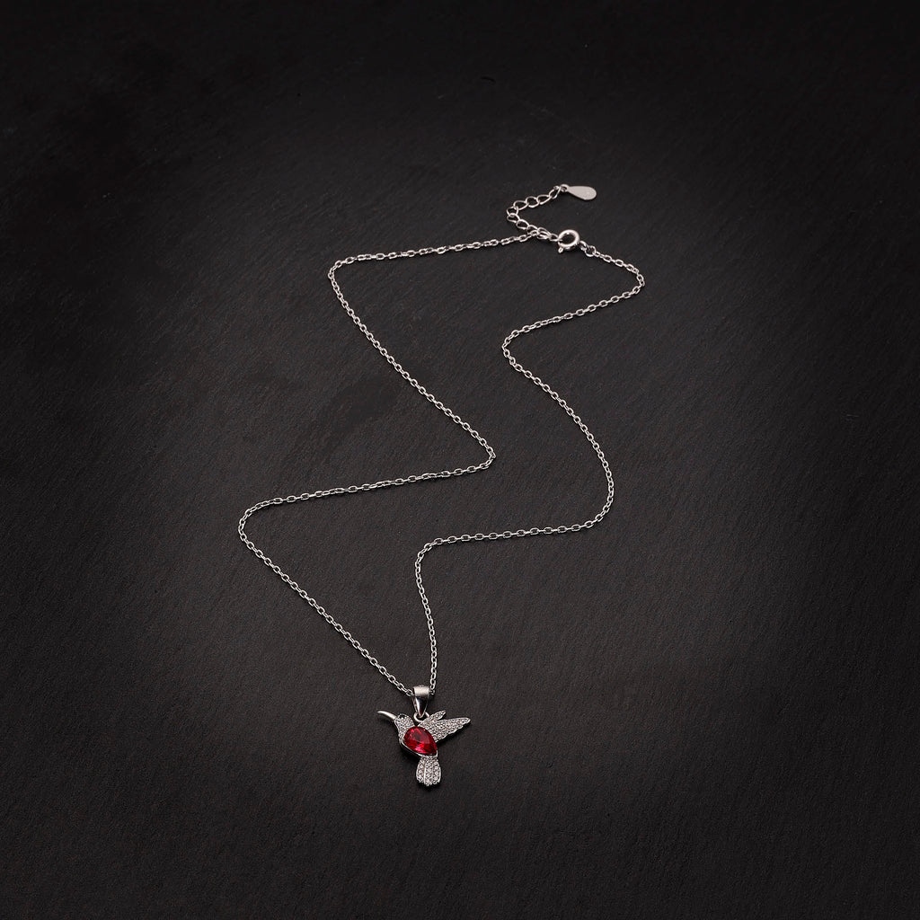 Rhodium Plated Sterling Silver Hummingbird Necklace with Red CZ Stone