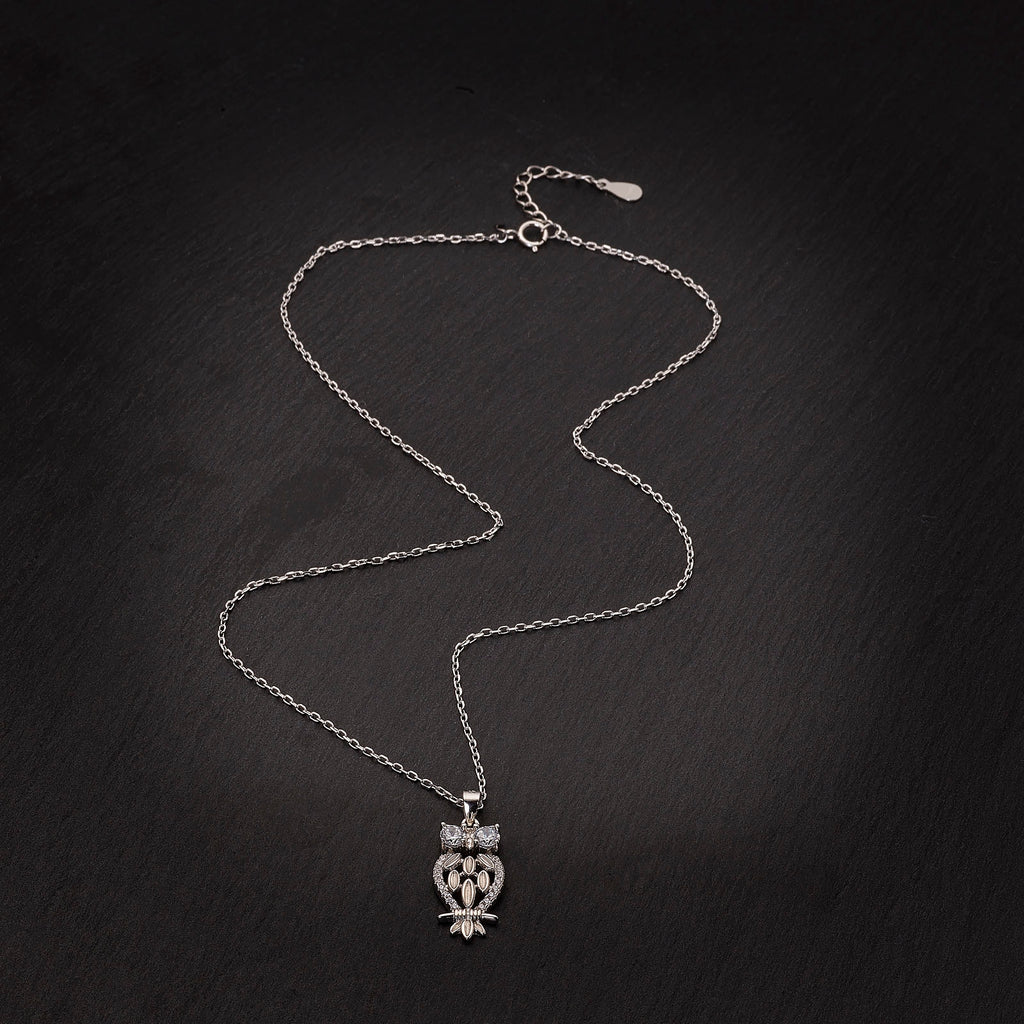 Rhodium Plated 925 Sterling Silver Owl Pendant Necklace