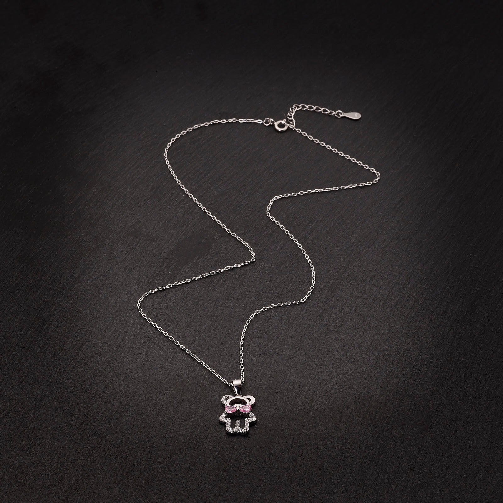 925 Sterling Silver Teddy Bear Necklace Pink Bow & CZ Stones