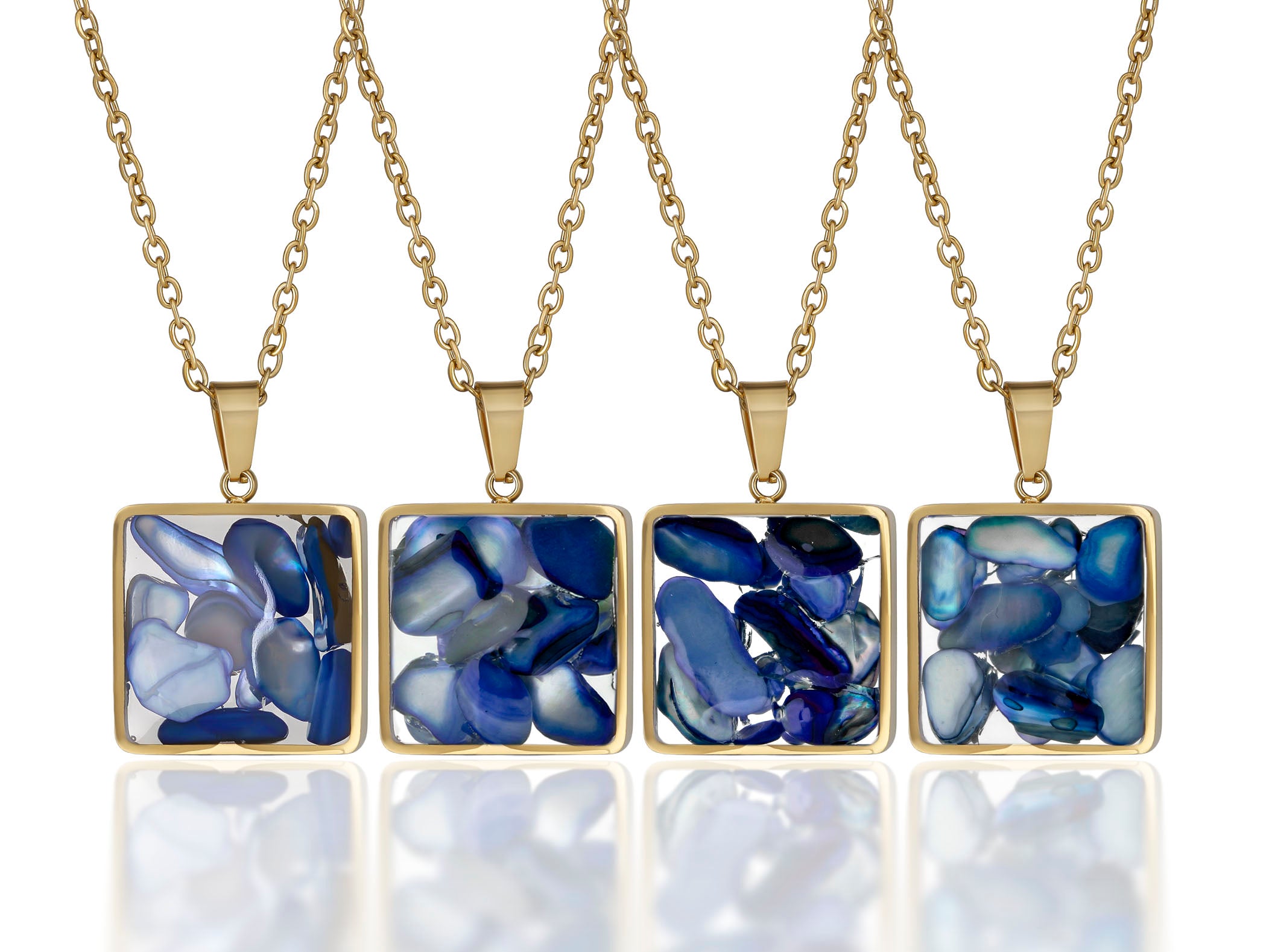 Blue Mosaic Pendant Necklace, 18K Gold Plated Stainless Steel, Square Gold Necklace, Adjustable Chain, Gift for Her