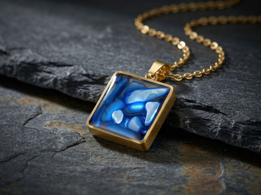 Blue Mosaic Pendant Necklace, 18K Gold Plated Stainless Steel, Square Gold Necklace, Adjustable Chain, Gift for Her